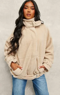 Beige Borg Slouchy Belted Hem Jacket