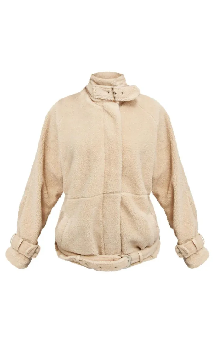 Beige Borg Slouchy Belted Hem Jacket