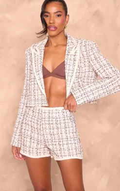 Beige Boucle Contrast Binding Hot Pants