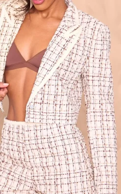 Beige Boucle Contrast Binding Hot Pants