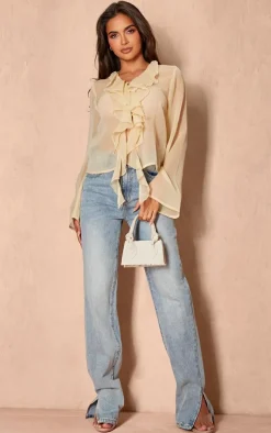 Beige Chiffon Ruffle Lace Up Front Shirt