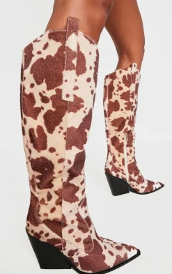 Beige Contrast Cow Print Point Toe Heeled Westerns Knee Boots