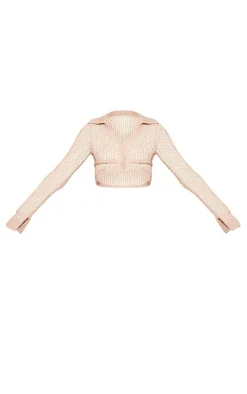 Beige Contrast Crochet Cropped Button Up Top