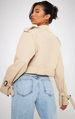 Beige Cropped Belted Hem Trench Coat