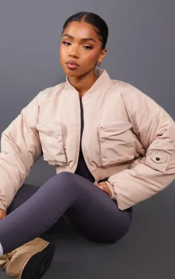 Beige Cropped Ruched Sleeve Utility Pocket Bomber Jacket