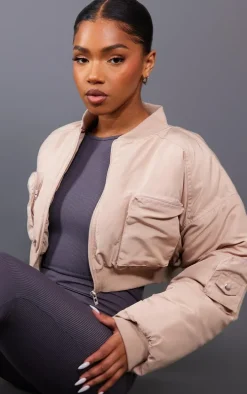 Beige Cropped Ruched Sleeve Utility Pocket Bomber Jacket