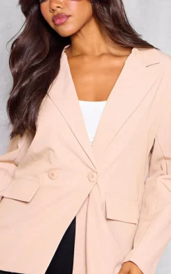 Beige Double Breasted Oversized Longline Blazer