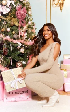 Beige Eyelash Knit Asymmetric One Shoulder Maxi Dress