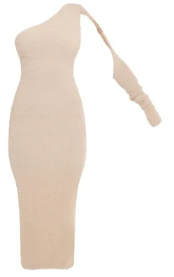 Beige Eyelash Knit Asymmetric One Shoulder Maxi Dress