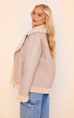 Beige Faux Leather Borg Lined Biker Detail Aviator Jacket