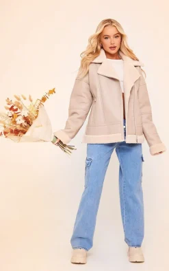 Beige Faux Leather Borg Lined Biker Detail Aviator Jacket