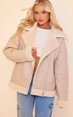 Beige Faux Leather Borg Lined Biker Detail Aviator Jacket