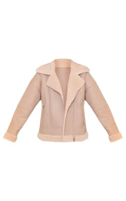 Beige Faux Leather Borg Lined Biker Detail Aviator Jacket