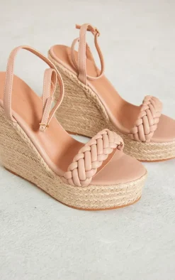 Beige Faux Leather Plaited Strap Espadrille Wedges