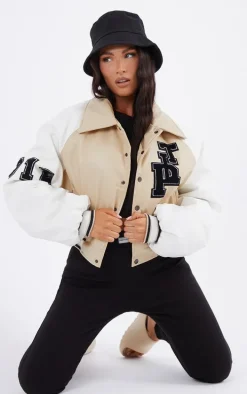 Beige Faux Leather Raglan Sleeve Cropped Varsity Bomber Jacket