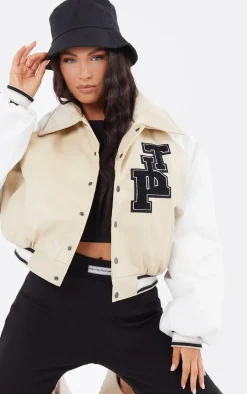 Beige Faux Leather Raglan Sleeve Cropped Varsity Bomber Jacket