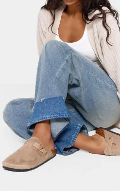 Beige Faux Suede Buckled Mule Cloggs