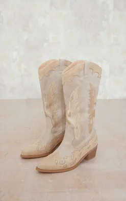 Beige Faux Suede Embroidered Detail Wide Fit Western Calf Boots