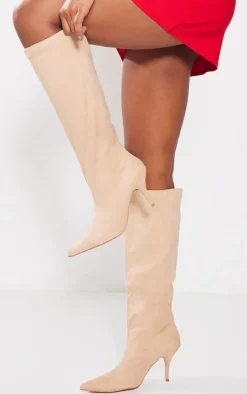 Beige Faux Suede Point Toe Low Heeled Knee High Boots