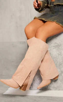 Beige Faux Suede Point Toe Fold Over Split Hem Knee High Western Boots