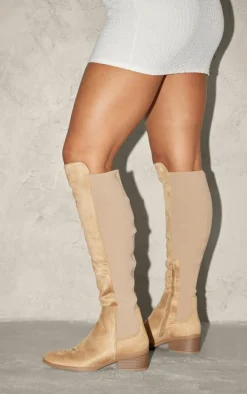 Beige Faux Suede Point Toe Low Block Heeled Knee High Boots