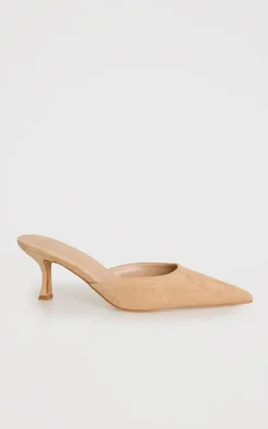 Beige Faux Suede Point Toe Mid Stiletto Heeled Mules