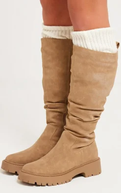 Beige Faux Suede Round Toe Chunky Platform Knee High Boots