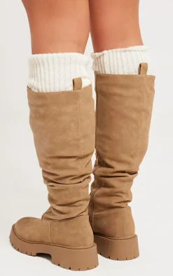 Beige Faux Suede Round Toe Chunky Platform Knee High Boots