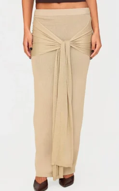 Beige Fine Knit Drape Tie Maxi Skirt