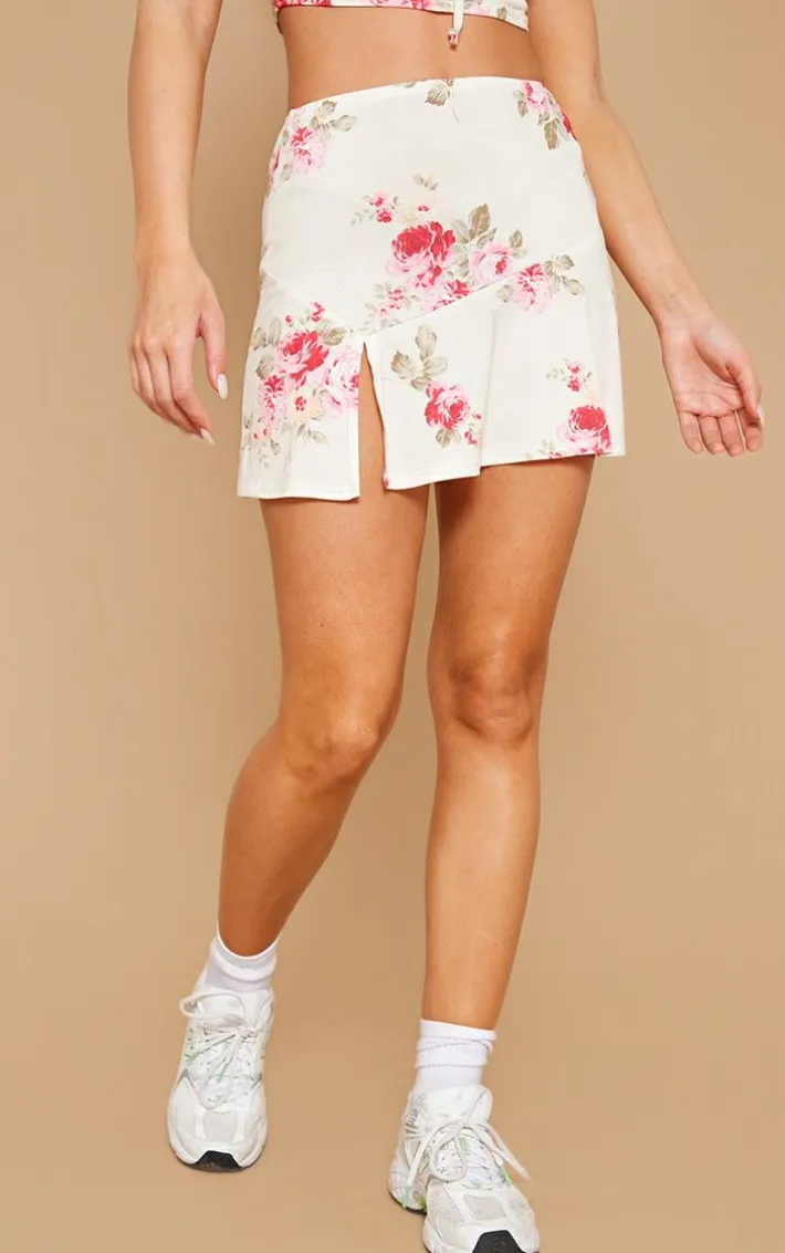 Beige Floral Print Slinky Split Hem Micro Mini Skirt