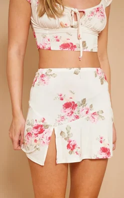 Beige Floral Print Slinky Split Hem Micro Mini Skirt