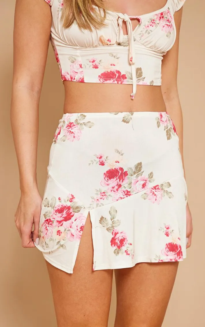 Beige Floral Print Slinky Split Hem Micro Mini Skirt