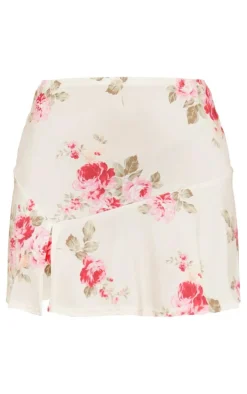 Beige Floral Print Slinky Split Hem Micro Mini Skirt