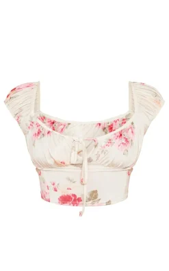 Beige Floral Print Slinky Ruched Bust Top