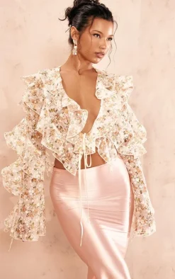 Beige Floral Sheer Woven Ruffle Tie Crop Blouse