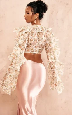 Beige Floral Sheer Woven Ruffle Tie Crop Blouse