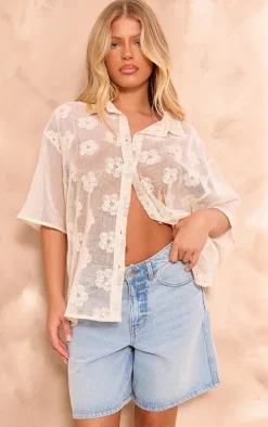 Beige Flower Embroidered Oversized Fit Shirt