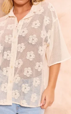 Beige Flower Embroidered Oversized Fit Shirt