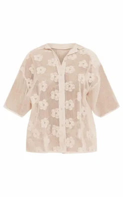 Beige Flower Embroidered Oversized Fit Shirt