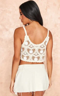 Beige Heart Crochet Knit Floaty Top