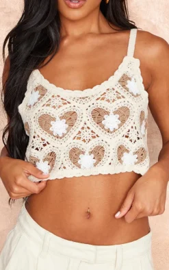 Beige Heart Crochet Knit Floaty Top