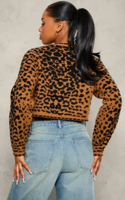 Beige Knit Jacquard Leopard Cropped Cardigan