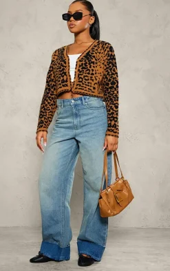 Beige Knit Jacquard Leopard Cropped Cardigan