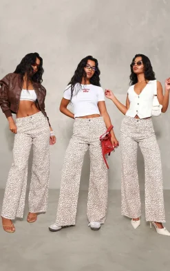 Beige Leopard Print Wide Leg Jeans