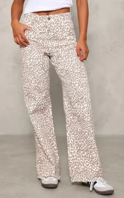 Beige Leopard Print Wide Leg Jeans