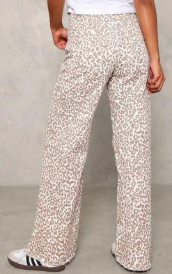 Beige Leopard Print Wide Leg Jeans