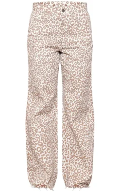 Beige Leopard Print Wide Leg Jeans
