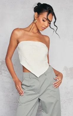 Beige Linen Look Dip Hem Crop Top