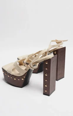 Beige Linen Look Square Toe Studded Trim Platform Sandals