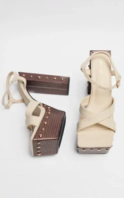 Beige Linen Look Square Toe Studded Trim Platform Sandals